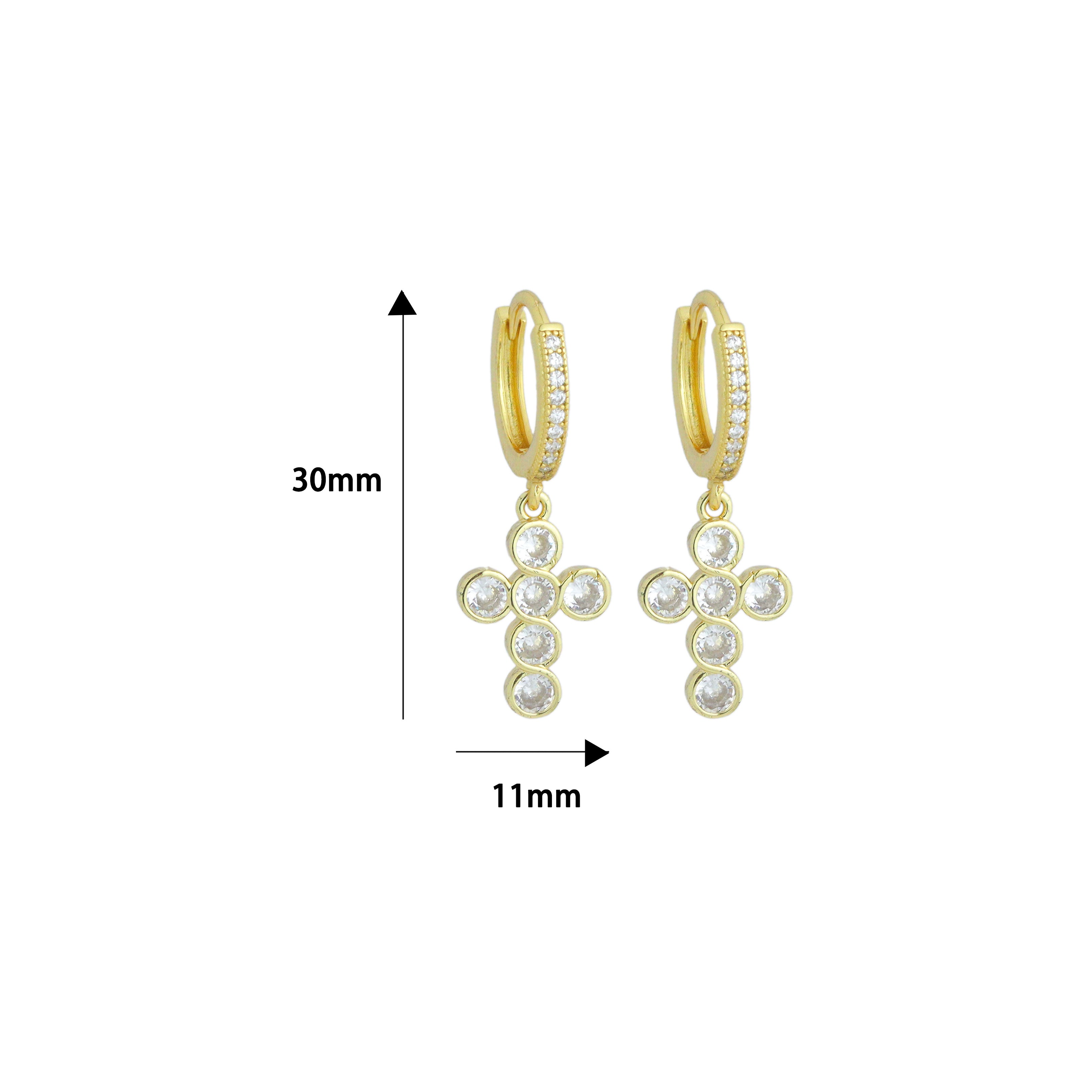 Gold Silver Diamond CZ Dainty Pavé Cross Hoop Earrings, Sku#EF834