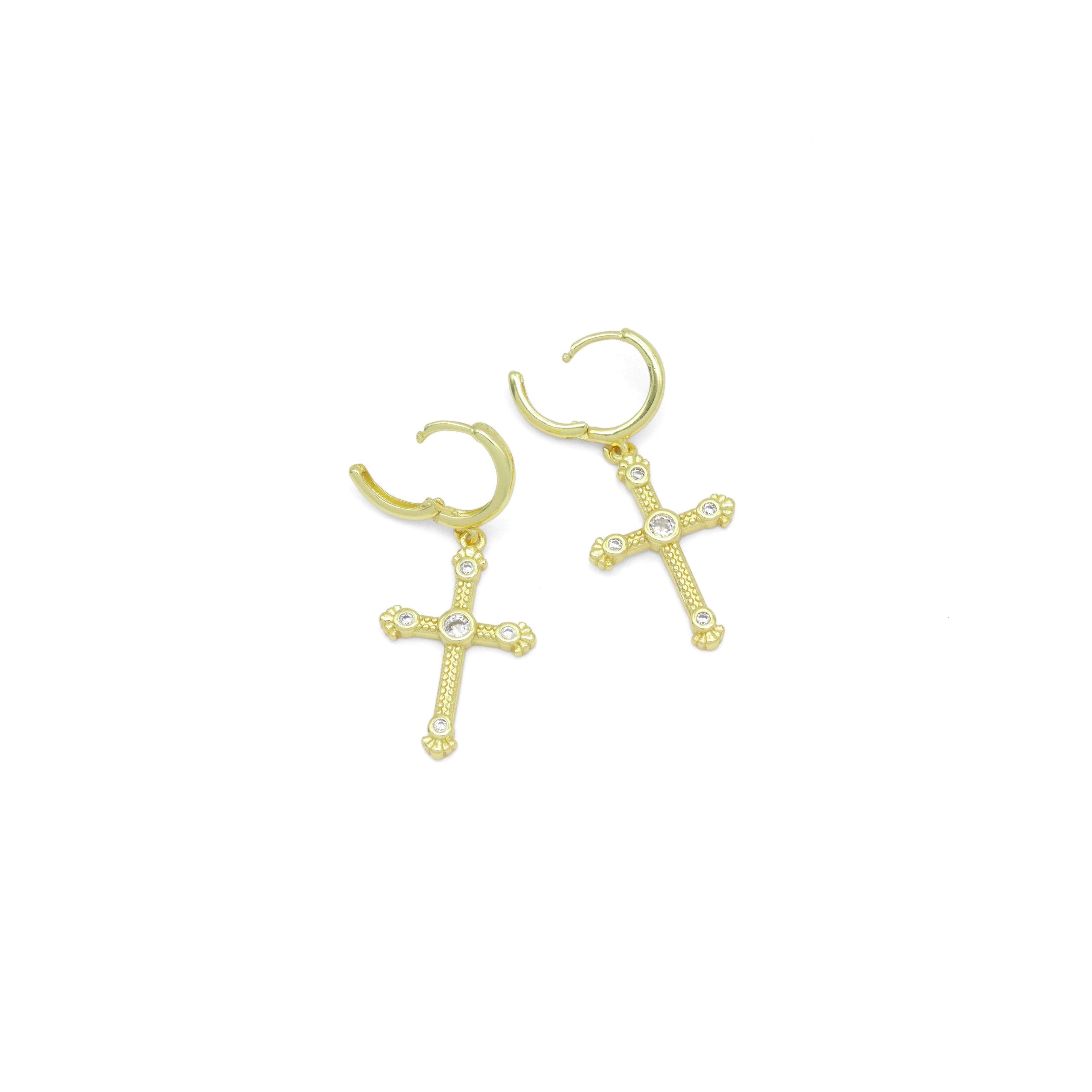 Gold Silver CZ Cross Dangle Hoop Earrings, Sku#LX738