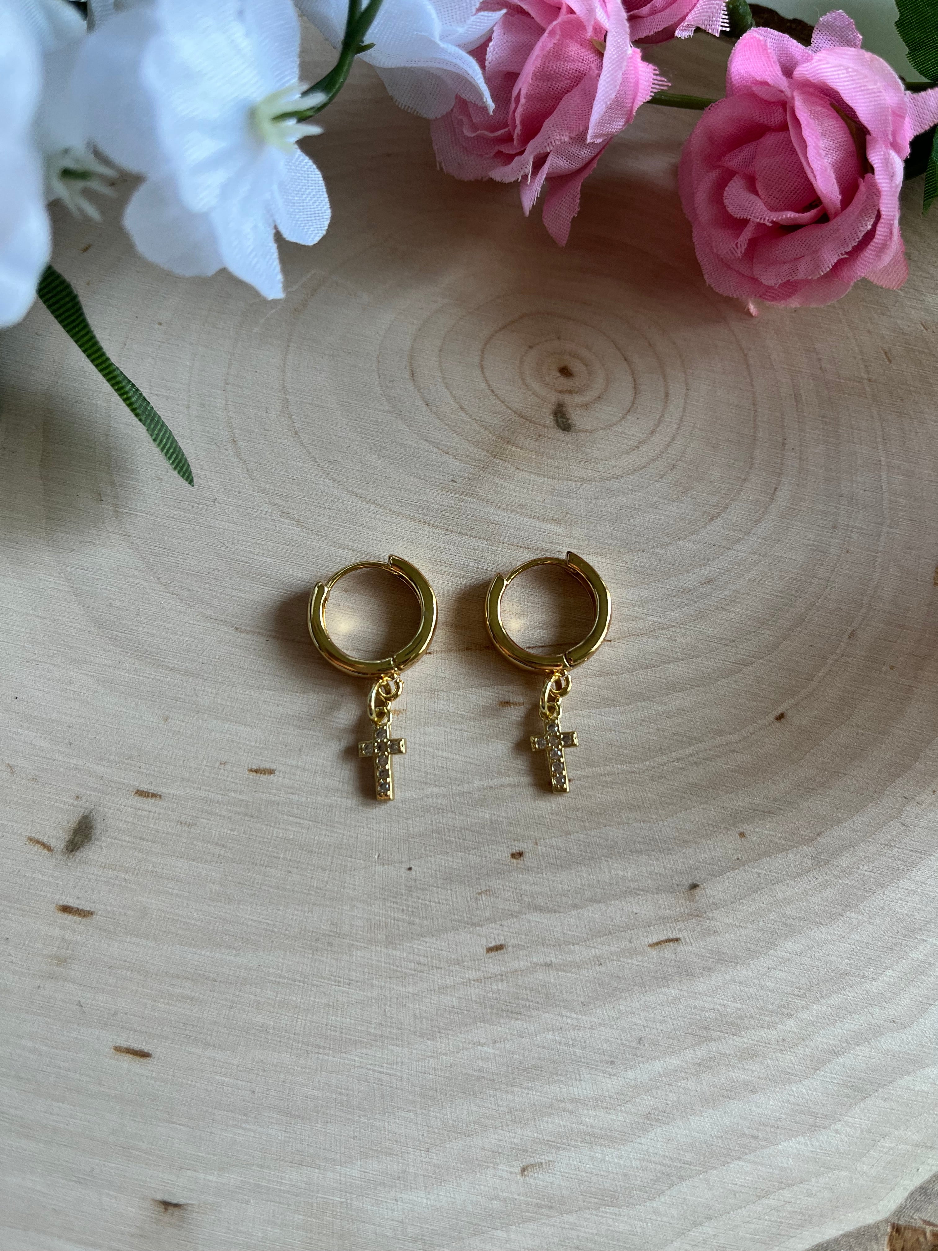 Gold Earrings 18K Cross Christian Jewelry