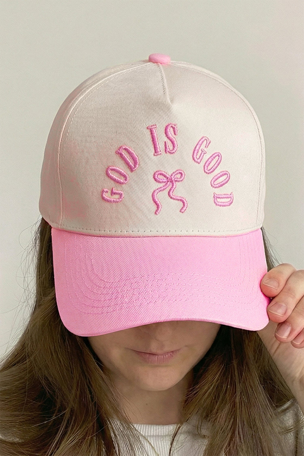 God Is Good Bow Embroidered Baseball Cap — Pink | Christian Faith Hat | Coquette Girly Cap