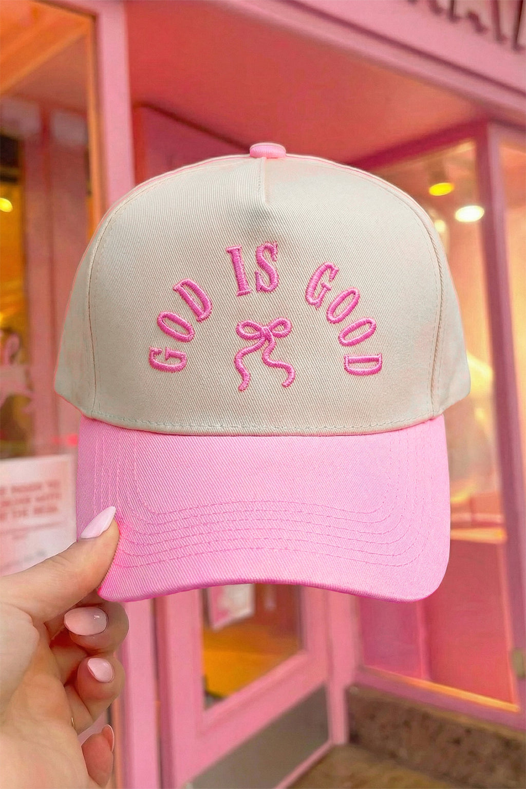 God Is Good Bow Embroidered Baseball Cap — Pink | Christian Faith Hat | Coquette Girly Cap