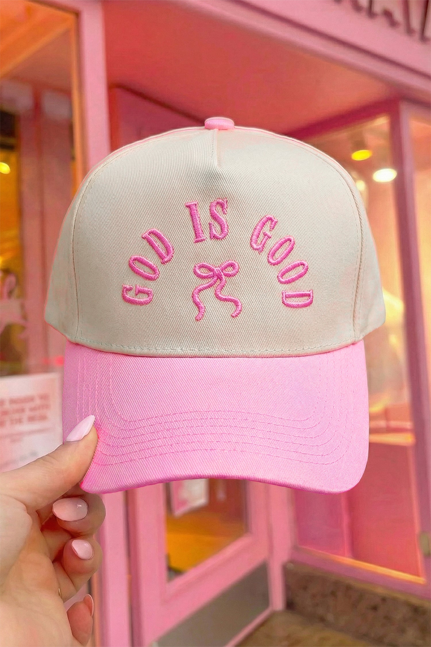 God Is Good Bow Embroidered Baseball Cap — Pink | Christian Faith Hat | Coquette Girly Cap