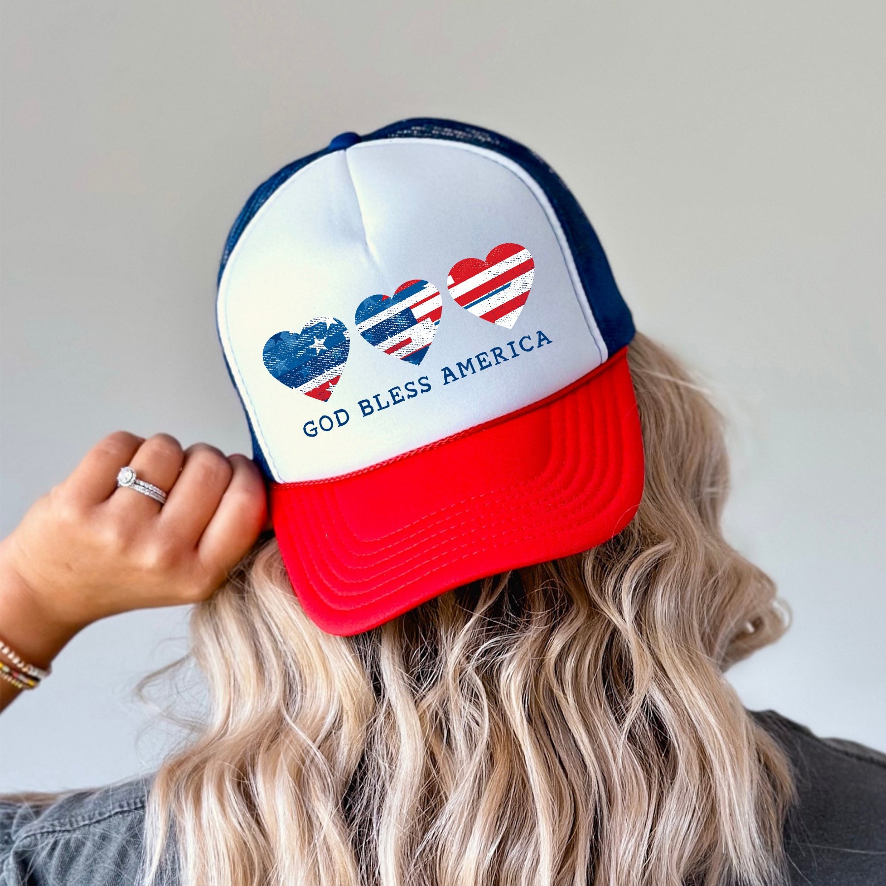God Bless America, Hearts, Patriotic, Snapback Trucker Hat