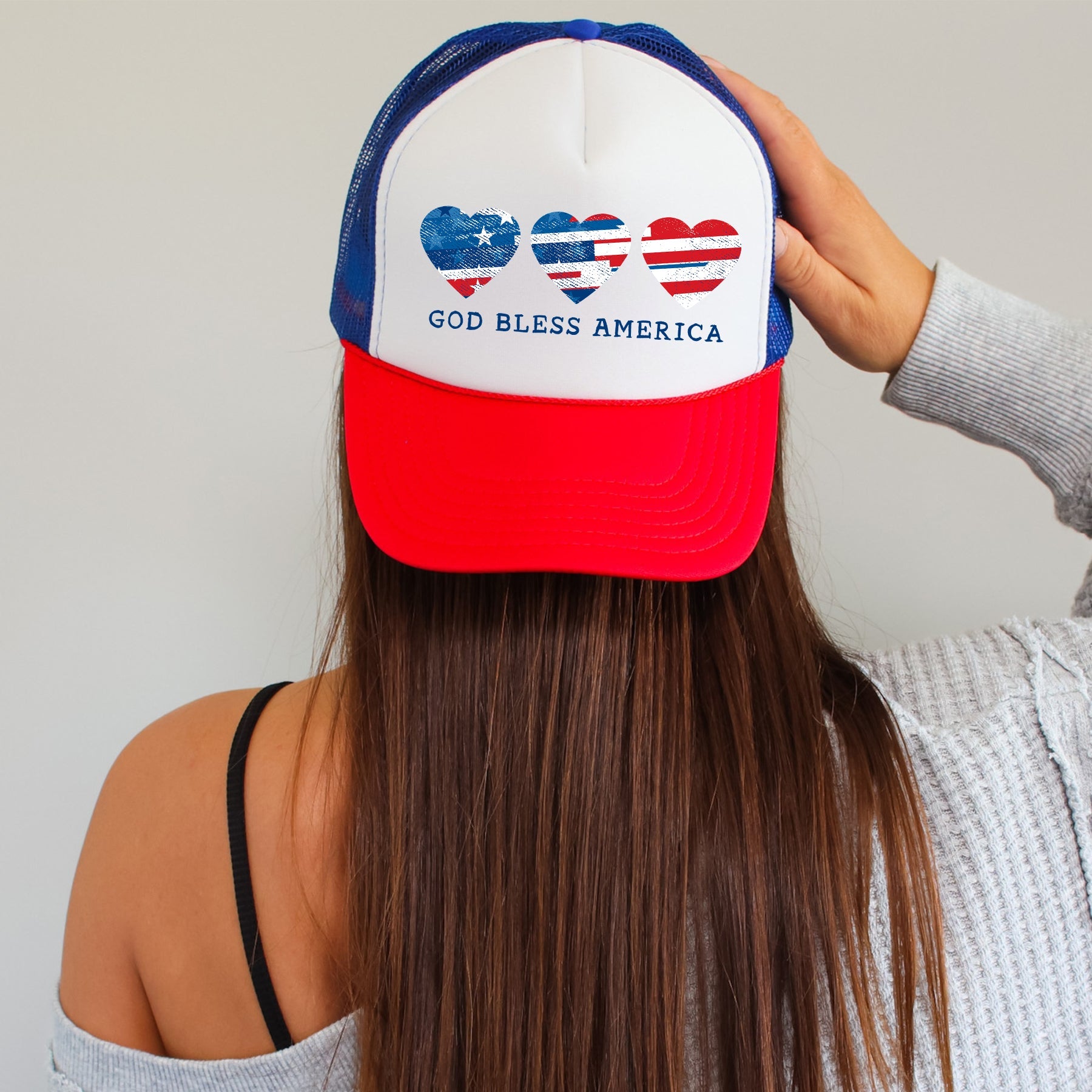 God Bless America, Hearts, Patriotic, Snapback Trucker Hat