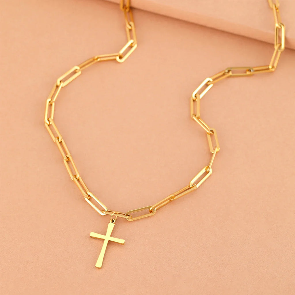 Cross Gold Color Pendant Necklaces for Women Stainless Steel Christian Jewelry Long Chain Necklace Gift