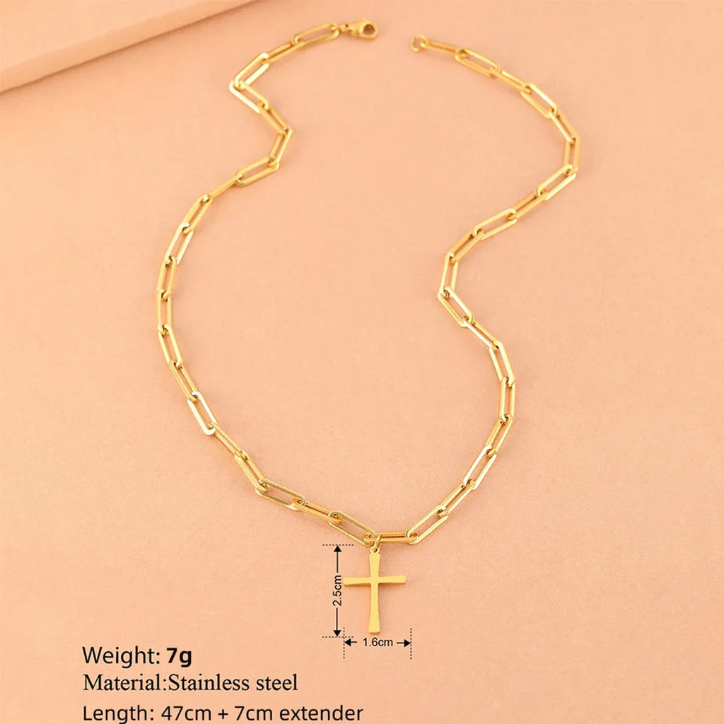 Cross Gold Color Pendant Necklaces for Women Stainless Steel Christian Jewelry Long Chain Necklace Gift