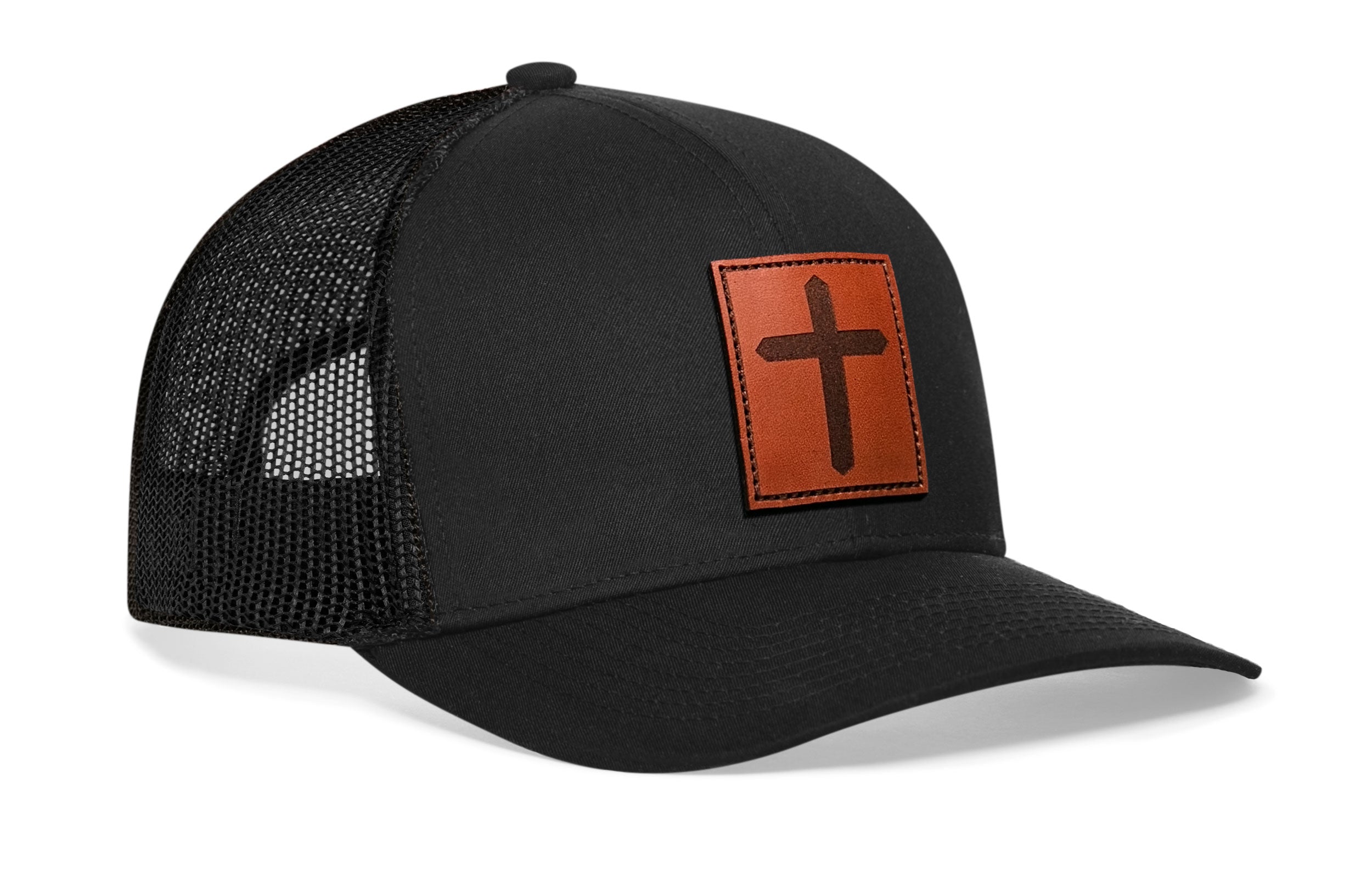 Cross Trucker Hat Rectangle Leather  |  Black cross Snapback