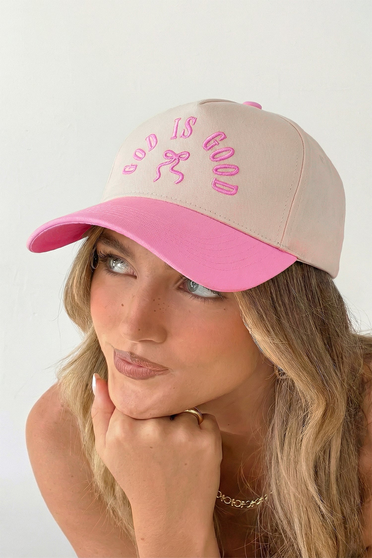 God Is Good Bow Embroidered Baseball Cap — Pink | Christian Faith Hat | Coquette Girly Cap