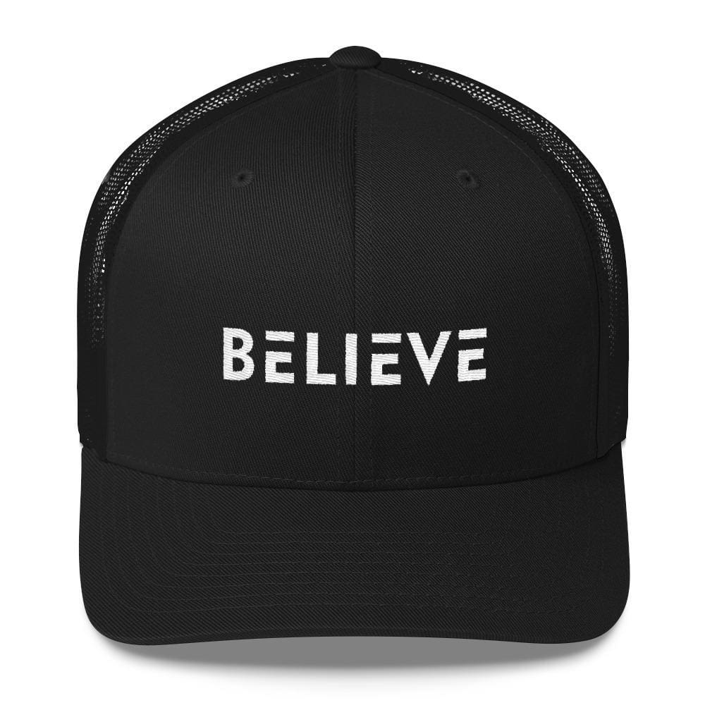 Believe Snapback Trucker Hat Embroidered in White Thread